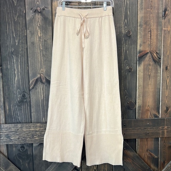 Wide Leg High Waist Pants L Cream Ribbed Boho Stretch Sweatpants Drawstring - Picture 1 of 8